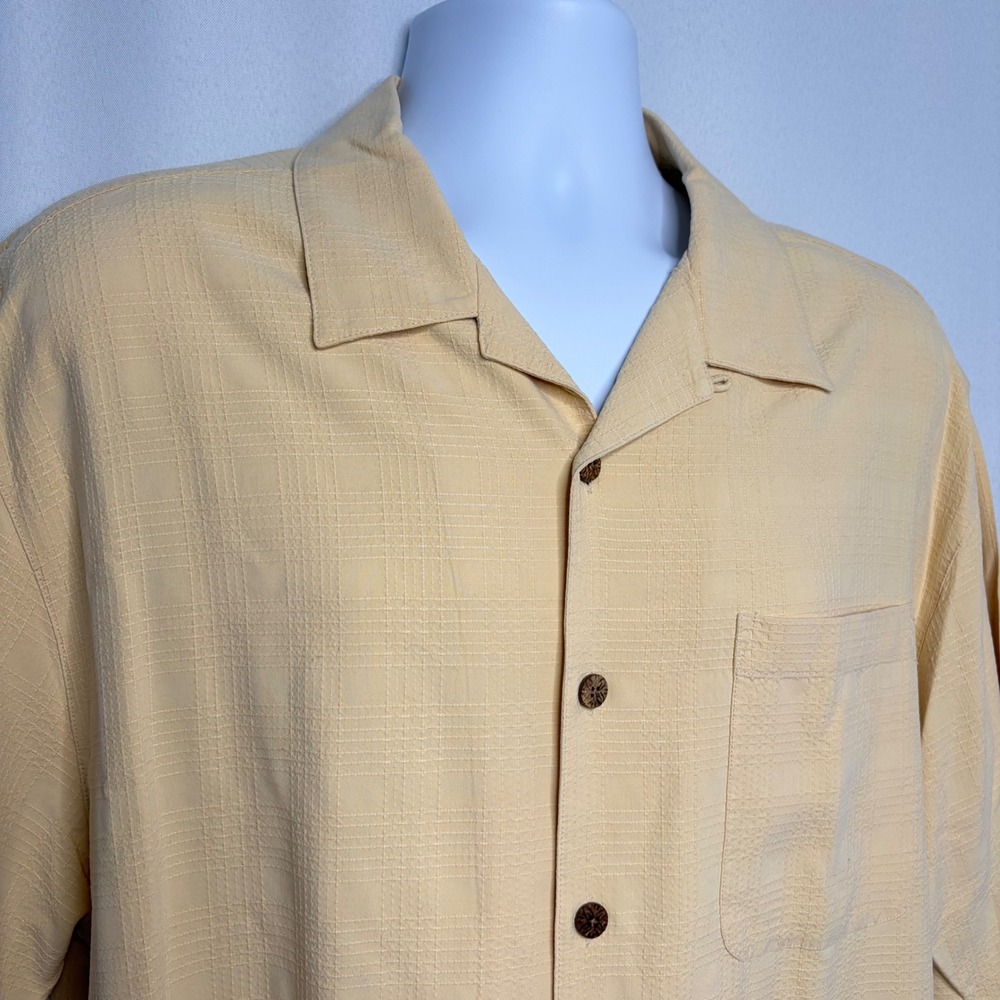 Joseph & Feiss Mens XXL 100% Silk Short Sleeve Button Down Shirt Yellow Textured